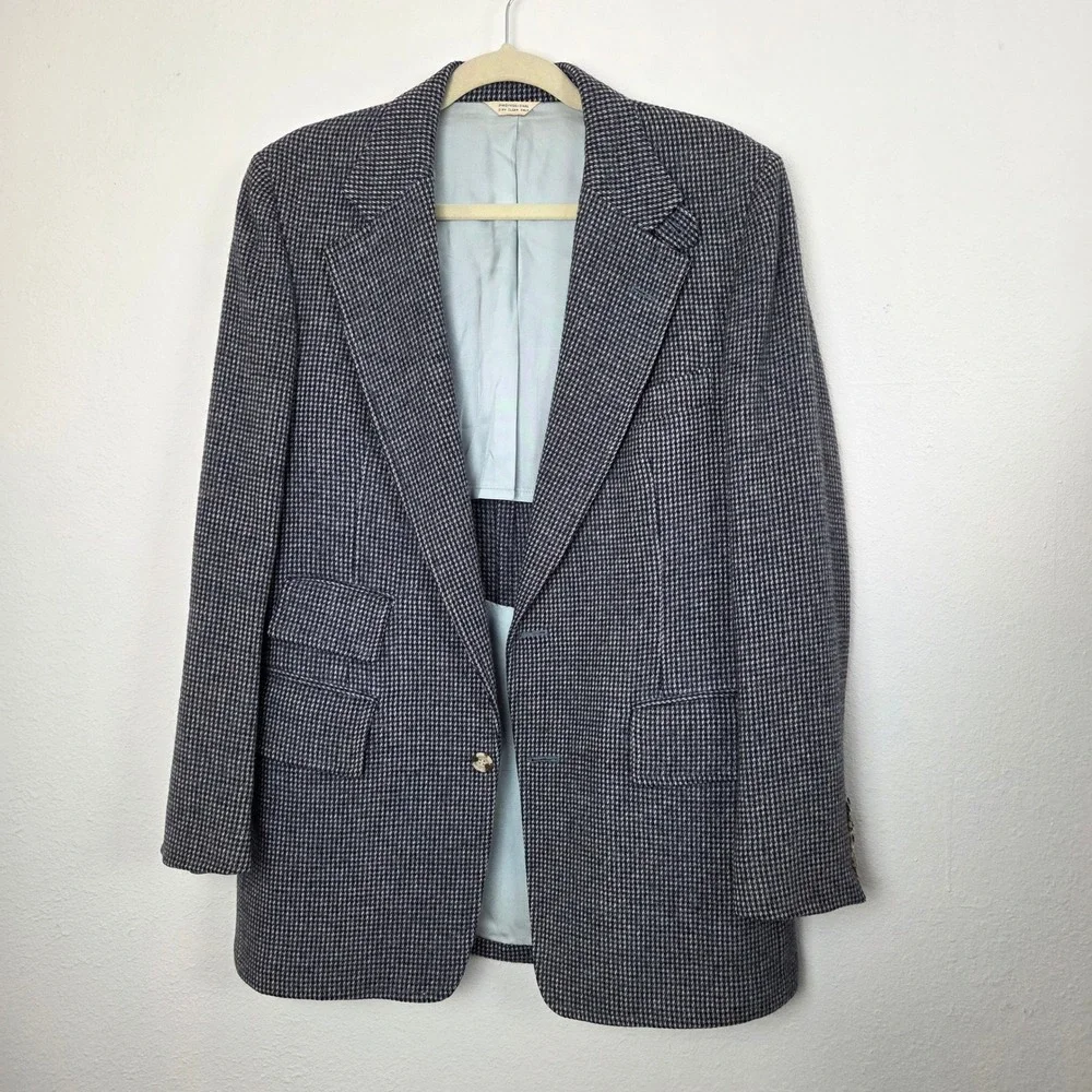 Bradstreet & Scholl Mens Blue Houndstooth‎ Tweed Sport Coat Blazer Vintage 42R